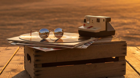 Cinematic wide shot, 16:9 panoramic view, golden hour lighting. A vintage-themed still life compositの素材