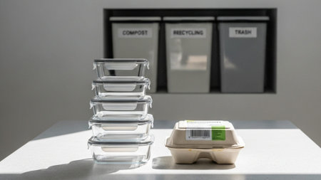 An environmental wide shot (16:9) capturing the sorting dilemma on a kitchen island. A neat stack ofの素材
