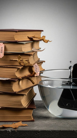 A tall, vertical composition centered on an arrangement symbolizing digital disconnection: a stack oの素材