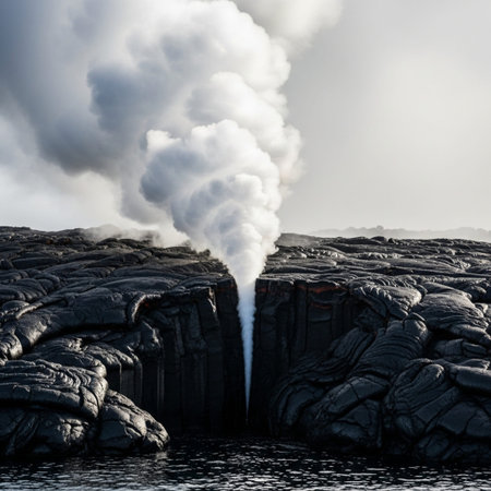 A highly detailed, square 1:1 photographic study of a geometric fracture line in solidified black laの素材