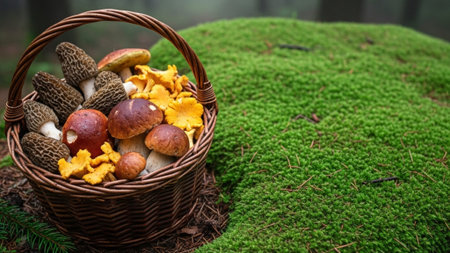 An environmental, cinematic ultrawide (16:9) shot capturing a large, rustic wicker basket filled witの素材