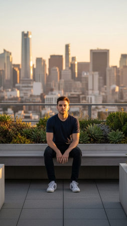A vertical full body shot capturing a lone, contemplative person sitting on a wooden bench in a sereの素材