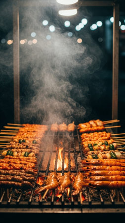 A striking vertical 9:16 commercial photograph of a bustling night market food stall. A wide-angle lの素材