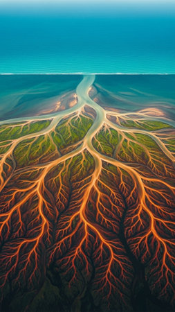 A conceptual, minimalist aerial view (90-degree drone shot) emphasizing the vertical scale of a compの素材