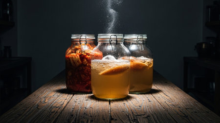 A cinematic, ultrawide 16:9 environmental concept shot depicting three actively bubbling fermentatioの素材