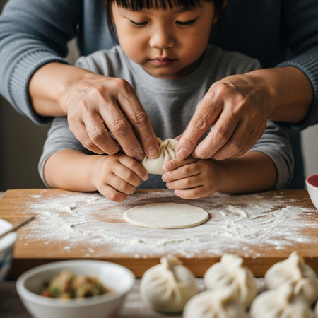 A square, tightly framed close-up on the hands of an East Asian grandmother and grandchild working tの素材