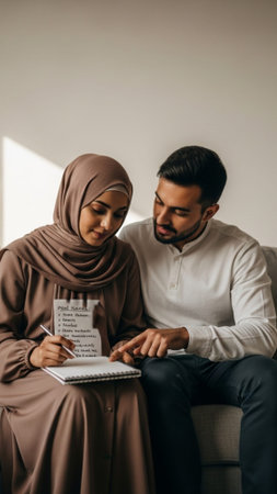 A vertical, full-body editorial shot (9:16) capturing a Muslim couple sitting on a living room sofa,の素材