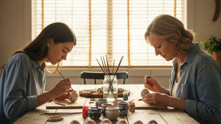 Cinematic wide shot capturing a mother and daughter focused on the seasonal craft of painting intricの素材
