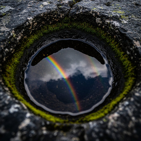 An extreme close-up of a miniature mirror created by a perfectly still rainwater puddle on a rugged,の素材