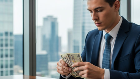 A cinematic wide shot capturing a professional young adult counting and organizing a stack of variedの素材