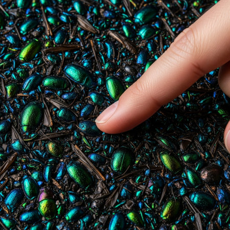 A square, macro photograph capturing a moment of interaction: a single human fingertip gently presseの素材