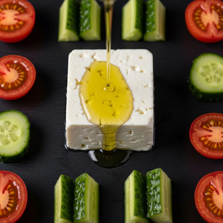 Square composition (1:1) flatlay showing an extreme close-up of a large block of Feta cheese being sの素材