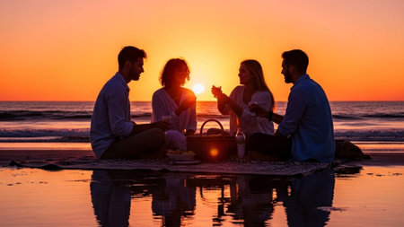 An ultrawide 16:9 cinematic photograph capturing four diverse young adults enjoying a relaxed beachの素材