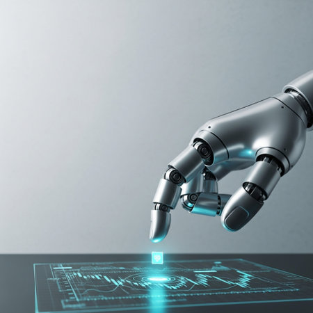 Square 1:1, Hero Detail Close-up. Focus on the end effector of a matte robotic arm interacting withの素材