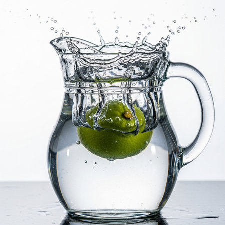 An extreme macro, square 1:1 photograph detailing the high-speed physics of a single lime slice dropの素材