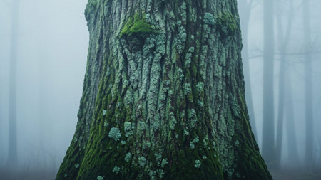 An ultrawide 16:9 cinematic environmental shot of a monumental, wet ancient tree trunk, intensely deの素材