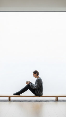 A vertical, full-body lifestyle shot emphasizing solitude and space. A person sits centered on a lowの素材