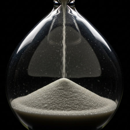 An intense, square macro shot capturing the precise moment sand lands in the bottom chamber of a vinの素材