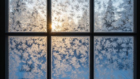Panoramic environmental wide shot (16:9) of a large, rustic wooden window pane completely covered inの素材