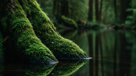 Cinematic wide shot (16:9) of a dense, humid forest floor. The scene is dominated on the left by anの素材