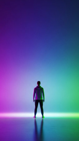 Full body, centered vertical shot (9:16) of a figure standing with their back to the camera, embodyiの素材