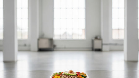 A cinematic wide environmental shot (16:9) of a healthy grain bowl in an eco-friendly takeout box siの素材