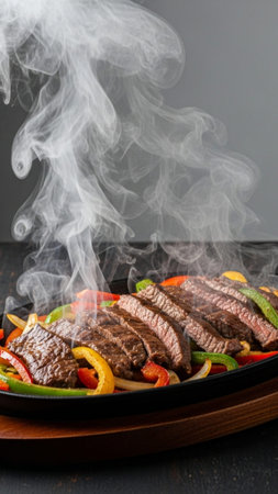 A striking vertical photograph (9:16) capturing a full, head-on view of a sizzling cast iron skilletの素材