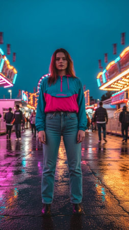 A striking vertical full-body photograph of a stylish young woman centered on a wet asphalt street aの素材