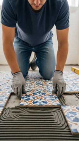 A vertical 9:16 full-body shot capturing a person kneeling down, meticulously laying intricate, coloの素材