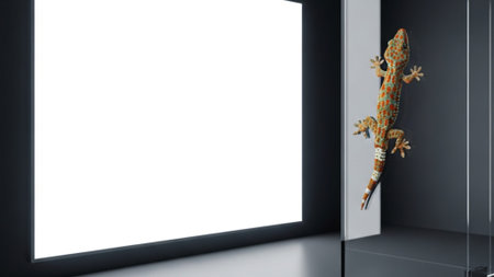 A cinematic environmental wide shot (16:9) capturing a Tokay gecko scaling a large, vertical glass pの素材