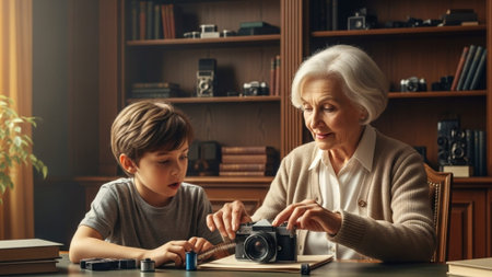 A cinematic, environmental wide shot (16:9) capturing an elderly grandparent and young grandchild atの素材