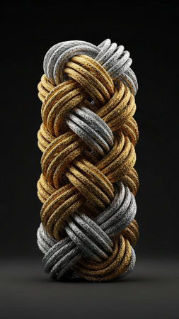 A vertical, full-shot composition featuring a colossal, mathematically precise knot visualization reの素材