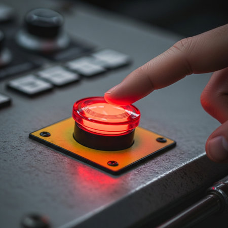 A focused, symmetrical 1:1 close-up capturing a single fingertip hovering moments before pressing aの素材