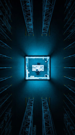 An extreme high-angle drone shot (orthophoto) capturing the geometric layout of a contemporary, glasの素材