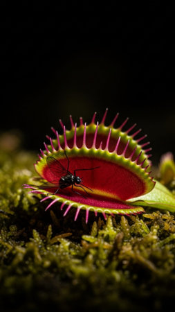 A striking vertical composition (9:16) macro shot of a Venus flytrap (Dionaea muscipula) utilizing hの素材