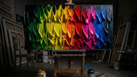 An environmental, panoramic wide shot (16:9) capturing the messy interior of an artist's studio. Theの素材