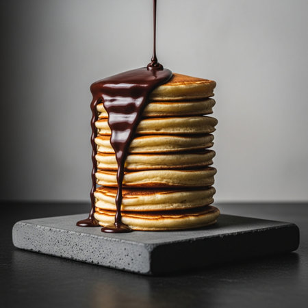 A square, architectural food photograph focusing on strict symmetry. A dramatic, dynamic pour of liqの素材