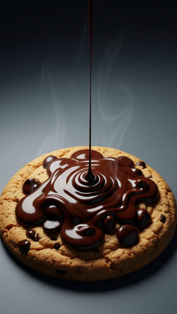 A high-definition, commercial flatlay photograph emphasizing the decadence of a warm, chocolate chipの素材