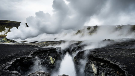 A panoramic 16:9 cinematic wide shot taken from an extreme low angle, showcasing the raw, geologicalの素材