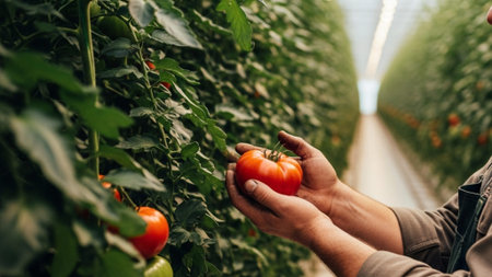 An ultrawide 16:9 environmental cinematic shot showing the scale of a modern commercial greenhouse.の素材