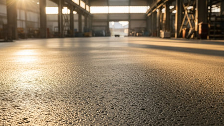 A cinematic, ultra-wide (16:9) environmental shot capturing the immense scale of a newly poured, semの素材