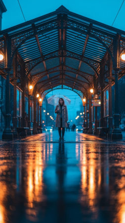 A vertical, full-body street portrait captured during dusk. The composition features a young woman sの素材