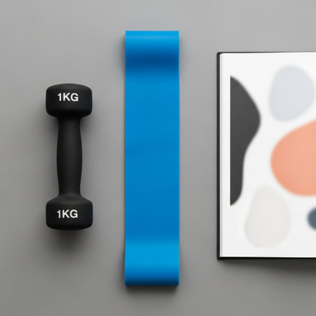 Square, top-down (Flatlay/Knolling) photograph detailing essential physical therapy equipment arrangの素材