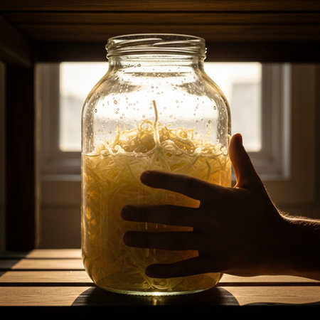 A hero close-up, square composition of a single glass jar of actively fermenting sauerkraut. The jarの素材