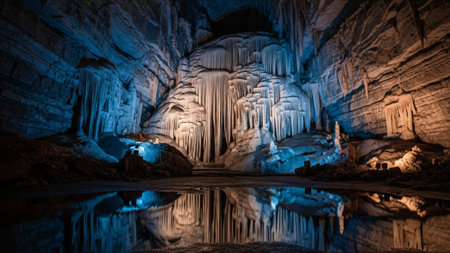 Panoramic, Ultrawide 16:9 cinematic shot capturing the interior of a colossal, echoing limestone cavの素材