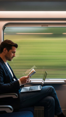 Vertical 9:16 full-body shot of a professional passenger seated and working inside a futuristic highの素材