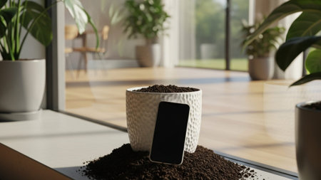 Cinematic wide shot (16:9) of a minimalist, sunlit interior. A modern smartphone is placed screen-doの素材