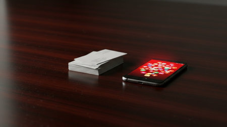 Cinematic Wide Shot (16:9). A panoramic view of an expansive, dimly lit desk where the only objectsの素材