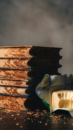 Vertical, tall 9:16 photographic concept focusing on a stack of heavily stained, dog-eared paperbackの素材