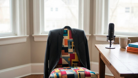 A panoramic 16:9 cinematic environmental shot showing a dark blazer draped over a brightly patternedの素材